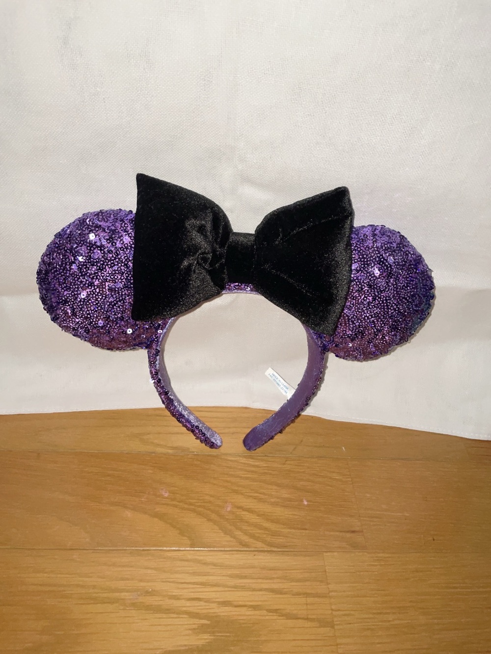 Disneyland Purple Sequin Mouse Ear Headband with Black Velvet Bow